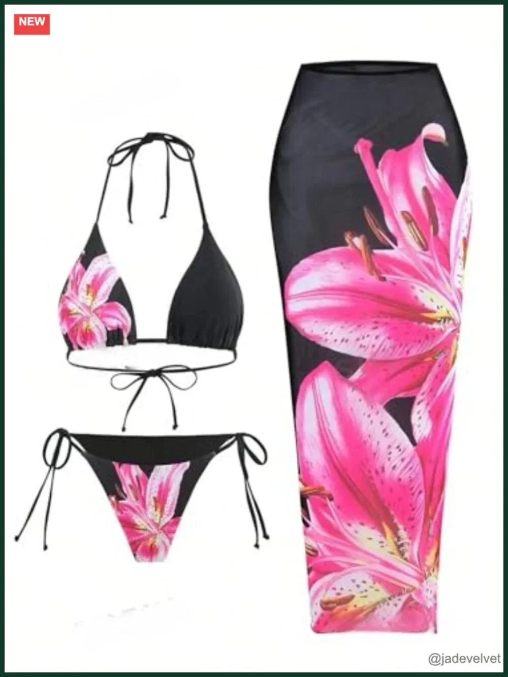 3pc Bikini Set with Sheer Cover Up Skirt Halter Triangle Top Adjustable Fit